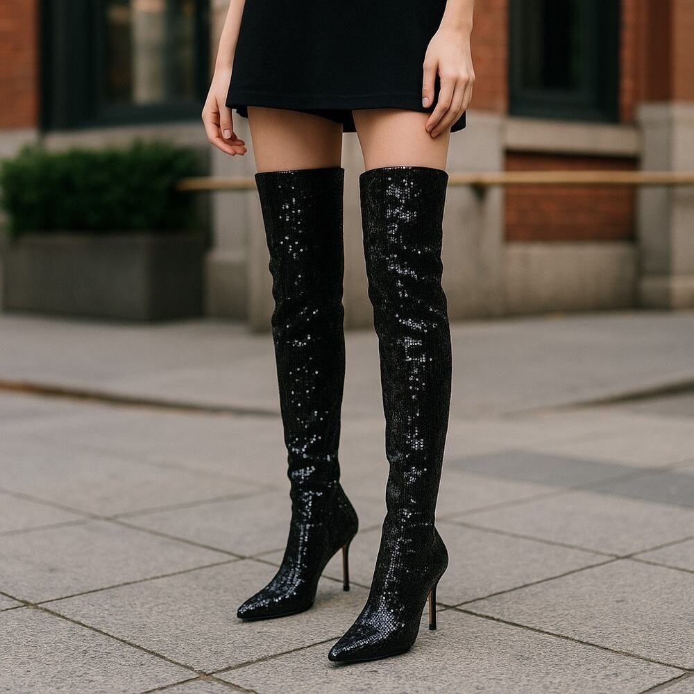 Manolo Blahnik Shimmering Black Over the Knee Boots